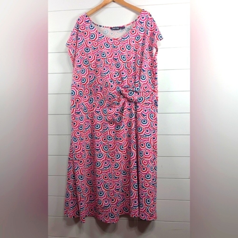 Lands End Women's Pink CottonGeometric Patterned Midi Dress‎ Size 3XL GUC